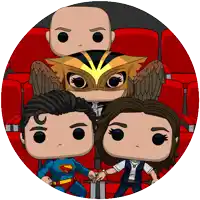 a group of pop figures including superman and wonder woman are sitting in red seats