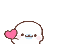 a cartoon seal is holding a pink heart above its head