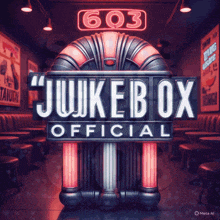 a jukebox in a dark room with a neon sign that says " jukebox official "