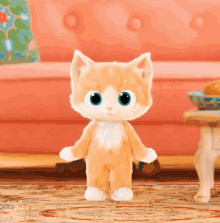 a stuffed cat is standing in front of a pink couch in a living room