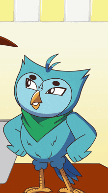 a cartoon owl wearing a green scarf around its neck