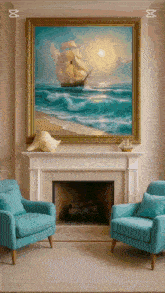 a painting of a ship in the ocean hangs above a fireplace in a living room