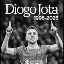a black and white photo of a soccer player with the name diogo jota 1996-2025