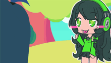a cartoon girl wearing headphones and a green top