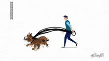 a cartoon drawing of a man walking a dog with a leash that looks like a bunch of dogs