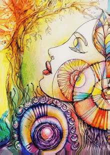 a colorful drawing of a woman 's face with a spiral in her hair says i love you