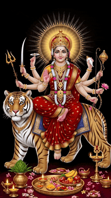 a painting of a woman sitting on a tiger holding a sword