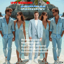 a man in a suit stands in front of two women on a beach and says happy weekend summer