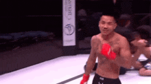 a man without a shirt is standing in a boxing ring with his fist in the air .