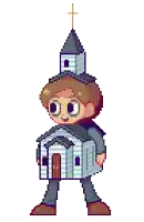 a pixel art drawing of a boy dressed as a church with a cross on top
