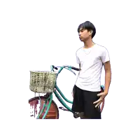 a young man in a white shirt is standing next to a green bicycle