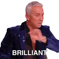 a man in a blue jacket says brilliant on the bottom