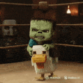 a cartoon hulk is holding a chicken in his arms