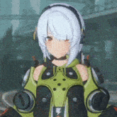 a girl with white hair and headphones is wearing a green and black outfit