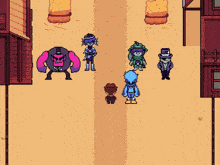 a group of pixel art characters standing next to each other on a desert road