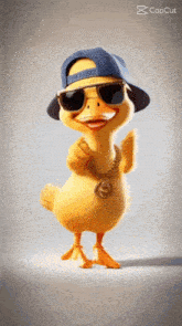 a cartoon duck wearing sunglasses a hat and a necklace