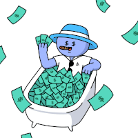 a cartoon of a man taking a bath in a tub filled with money