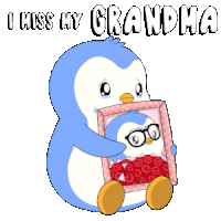 a penguin holding a picture of another penguin with the words i miss my grandma above it