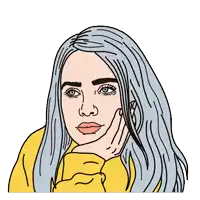 a drawing of billie eilish with blue hair and a yellow sweater