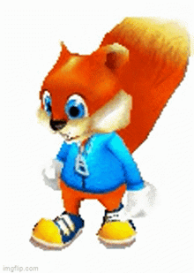 a cartoon squirrel wearing a blue jacket and yellow shoes .
