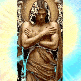 a painting of a naked man with his arms crossed and a halo around his head