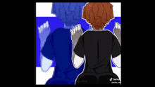 a pixel art drawing of a boy with red hair and a blue shirt