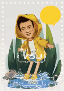 a man in a yellow raincoat is standing in a puddle with a speech bubble saying you