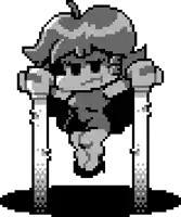 a black and white pixel art of a cartoon character standing on a table .