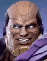 a close up of a man 's face in a video game with a purple mask on .