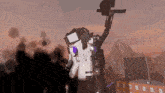a robot is standing in front of a building with a purple object in its mouth