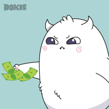 a cartoon of a monster holding a stack of money with the words shut up and take my money below it