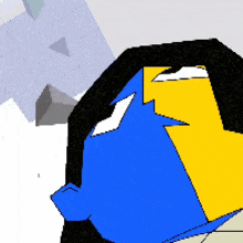 a pixel art drawing of a blue and yellow cartoon character with black hair .