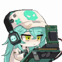 a pixel art of a girl wearing headphones and a skull hat .