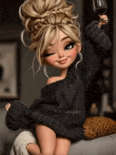 a cartoon girl wearing a sweater is holding a glass of wine