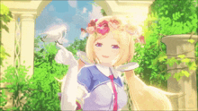 a girl with a flower crown on her head is holding a white bird