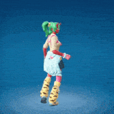 a girl with green hair is wearing a blue skirt
