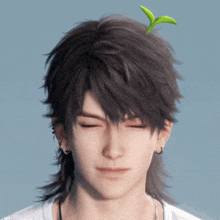 a close up of a man 's face with a plant on his head
