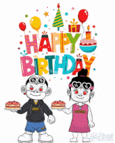 a colorful happy birthday greeting card with two bowling pins