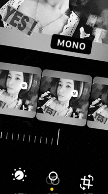 a black and white photo of a woman with a mono sticker