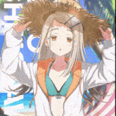 a girl wearing a straw hat and a bikini is standing in front of a sign that says summer