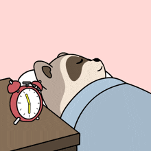a cartoon of a bear laying in bed with an alarm clock coming out of his head