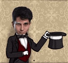 a man in a tuxedo and bow tie holds a top hat