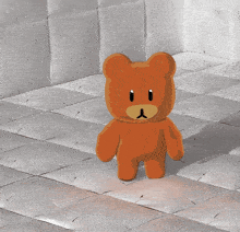 a brown teddy bear is standing on a tile floor