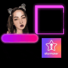 a woman wearing a cat ear headband is surrounded by neon signs including one that says recarg k hat