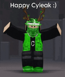 a roblox character with antlers and a green shirt is standing in a dark room .