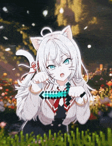 a girl with white hair and blue eyes is holding a minecraft diamond sword