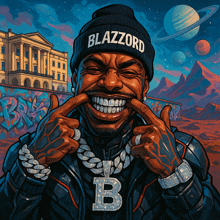 a drawing of a man wearing a beanie that says blazzard