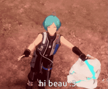 a cartoon character with blue hair is holding a rock and says hi beau 3