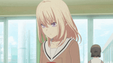 a girl with blonde hair and purple eyes is standing next to another girl