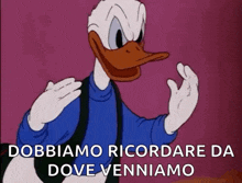 a cartoon of donald duck giving the middle finger with the words " dobbiamo ricordare da dove veniamo " below him